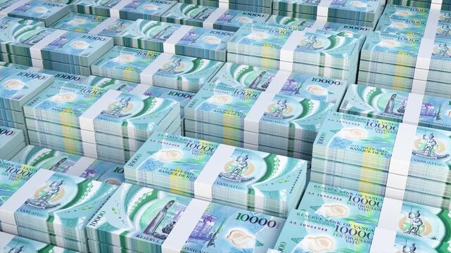 Vanuatu 10000 Vatu Banknotes Stack with Slow Camera Movement, Realistic 3D Animation of Vanuatu Currency Money 4K