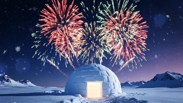 Festive Igloo Celebrates a Winter Night with Colorful Fireworks Explosions Under a Snow-Filled Sky