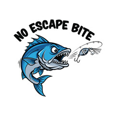 Fototapeta premium An intensely aggressive blue fish with sharp teeth fiercely chases a fishing lure, accompanied by the menacing text NO ESCAPE BITE, on a white background. design