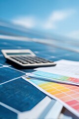 Calculator and financial charts placed on blue solar panel. Concept of renewable energy investment, banking, cost analysis and economy. Data calculation for sustainable power industry.