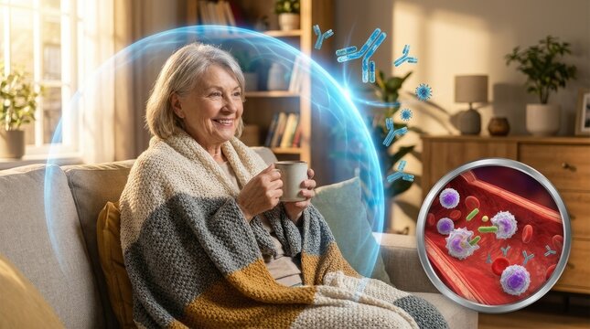 Woman, depicting human immune system response, showing microscopic defense mechanism, illustrating body protection, cellular immunity process, biologic health concept, pathogen resistance.
