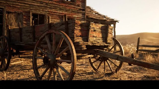Weathered wooden wagon and dilapidated house on a sunlit arid landscape, evoking the wild west