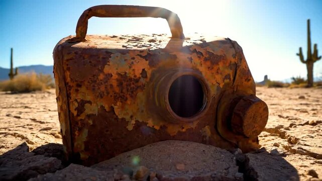 Rusty old gas can abandoned in dry desert landscape under bright blue sky, environment concept
