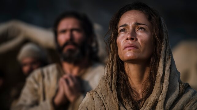 Miriam stands outside the camp afflicted, as Moses prays and Aaron grieves, the harsh desert light revealing isolation, consequence, and mercy sought.

