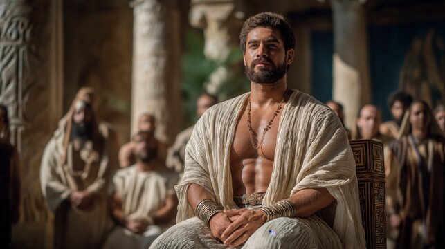 Joseph embraces his brothers in an Egyptian hall, tears revealing forgiveness and reconciliation after years of separation.
