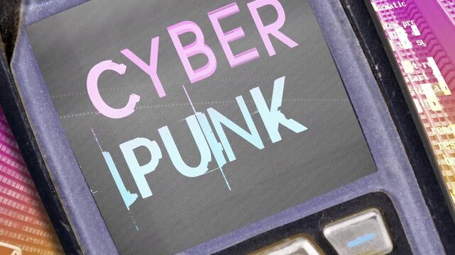 cyberpunk written on phone with a glitch style font and city