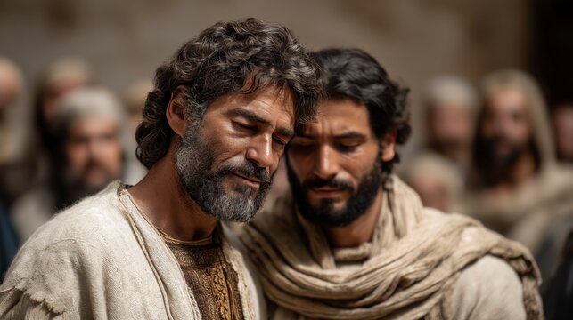 Joseph embraces his brothers in an Egyptian hall, tears revealing forgiveness and reconciliation after years of separation.
