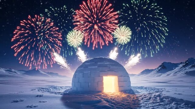 Festive Igloo Celebrates a Night of Fireworks in Snowy Winter Landscape with Mountain Range and Starry Sky