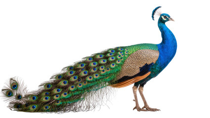 Fototapeta premium Vibrant male Peacock displaying iridescent plumage and long tail feathers