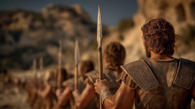 Joshua leads Israelite fighters in battle below while Moses stands above with raised hands, revealing victory shaped by courage and dependence on divine support.
