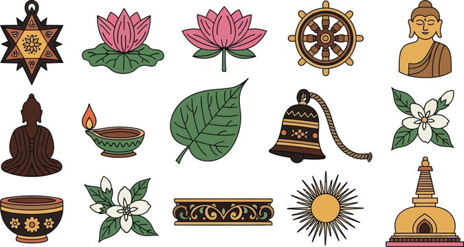 Buddha Statue and Dharma Wheel Vector Illustration for Meditation Concepts
