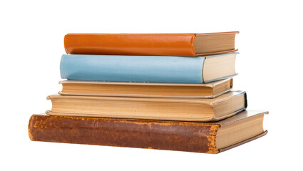 Stacked vintage books with orange blue yellow, and brown covers