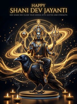 Divine shani dev rides black crow vehicle with divine golden rings and celestial background