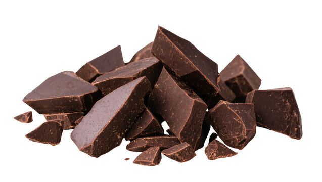 Dark chocolate chunks scattered in a pile, irregular shapes