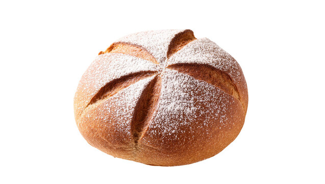 Rustic round wheat bread loaf dusted with flour and scored