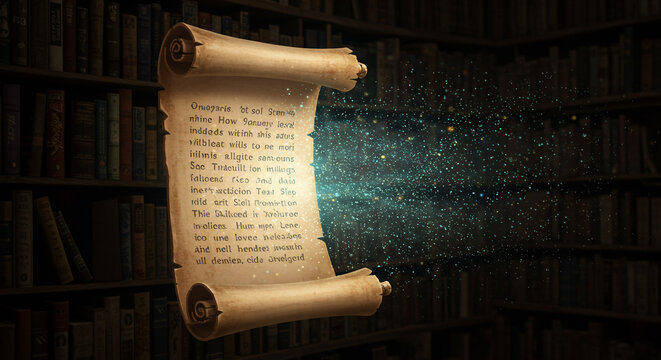 Ancient Scroll Unveiling Secrets in a Mystical Library.