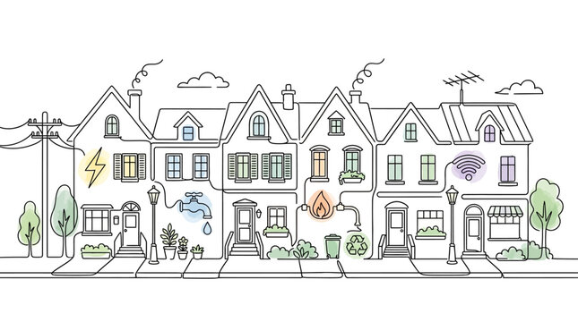 Hand drawn illustration of a suburban street with integrated utility icons.