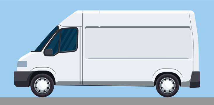 Vector white delivery van template. Flat design commercial cargo vehicle isolated on blue background. Side view of a blank transport truck for logistics, shipping, and corporate branding mockup.
