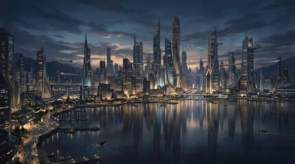 Fototapeta premium Futuristic city skyline at night with water reflection and a dark sky.