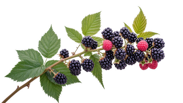 Dark ripe blackberries and raspberries on a green branch