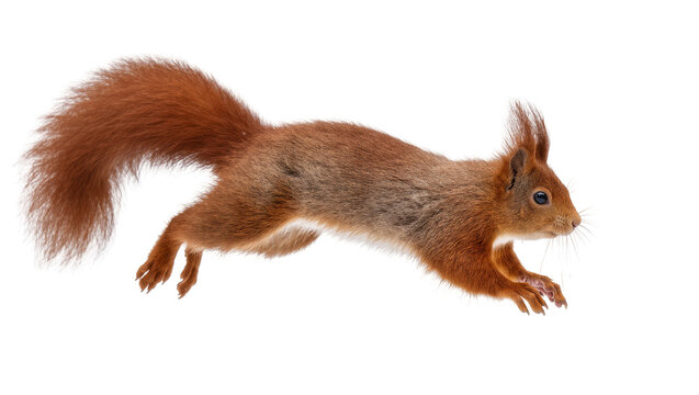 Red Squirrel Leaping Mid-Air with Fluffy Tail and Whiskers