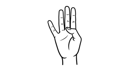 Obraz premium Hand Showing Four Fingers Up, Isolated on White Background, Outline Drawing