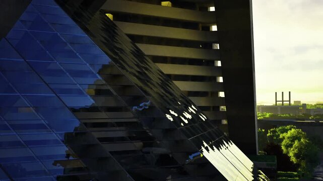 Reflective glass facade under afternoon sun, angulated panels forming geometric pattern with deep blue tones, strong diagonal shadows from louvers, urban office