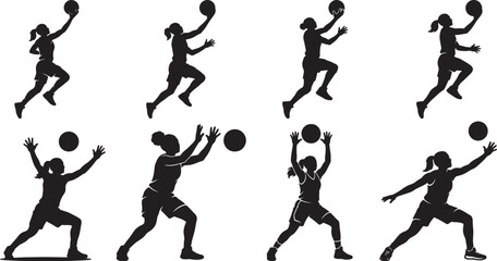 Set of vector silhouettes of women athletes in action including basketball players running jumping and kicking a ball during a competitive sports game team illustration © Liza