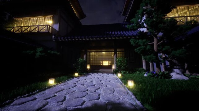 Bonsai and pine framing illuminated pathway, sculpted foliage silhouettes, warm lantern scatter, traditional roofline backdrop, peaceful night garden scene
