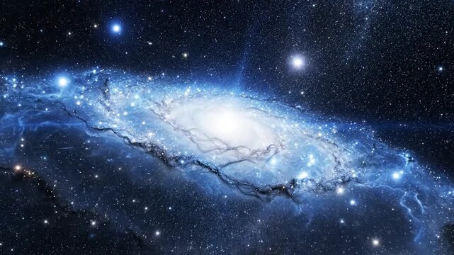 Spiral galaxy with bright blue arms in starlit deep space