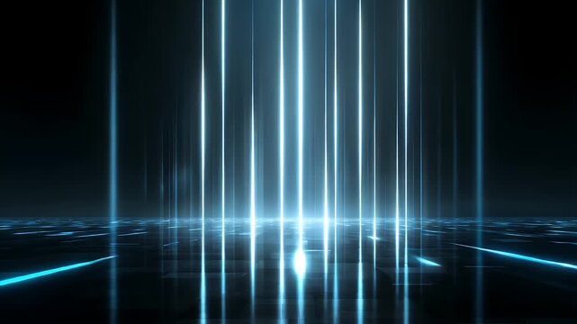 Abstract background loop with glowing blue light beams moving across dark reflective grid pattern floor, futuristic digital data processing and laser light show animation.