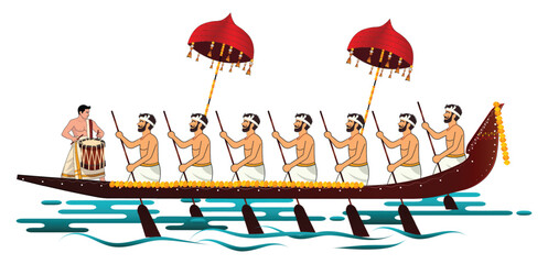  Kerala snake boat race vallam kali vector illustration with Traditional Festival rowers and cultural umbrellas on backwaters © pritam barman