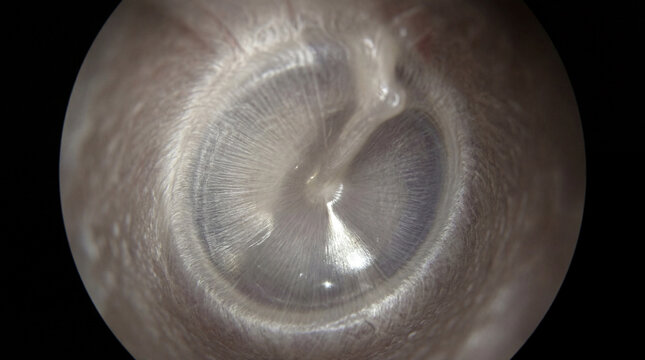 Delicate drum of the ear glistening with natural brilliance, offering a clear view of its healthy, vibrant structure