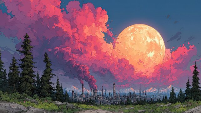 Full Moon Rising Over Industrial Factory, Surrounded By Coniferous Forest, Pink Twilight Clouds And Snow-Capped Mountains, Fantasy Landscape Illustration