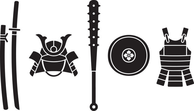 Ancient Japanese Samurai Equipment Set Silhouette Featuring Katana Sword Kabuto Helmet Kanabo Club Shield and Body Armor for History Education Martial Arts and Oriental Culture Design Projects