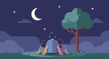 Obraz premium Couple sitting under a tree at night gazing at the moon and stars