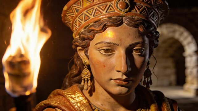 Ancient Queen Statue Illuminated by Torchlight in a Mysterious Stone Archway