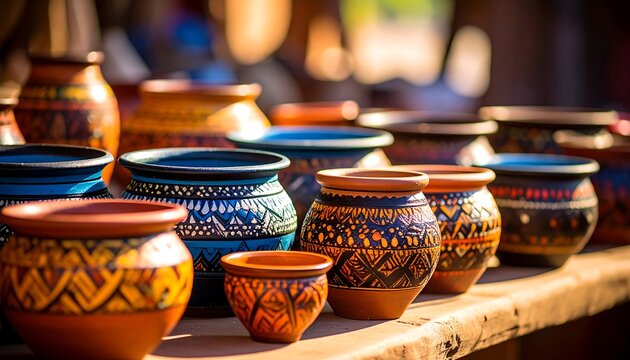 Vibrant pottery display in a market