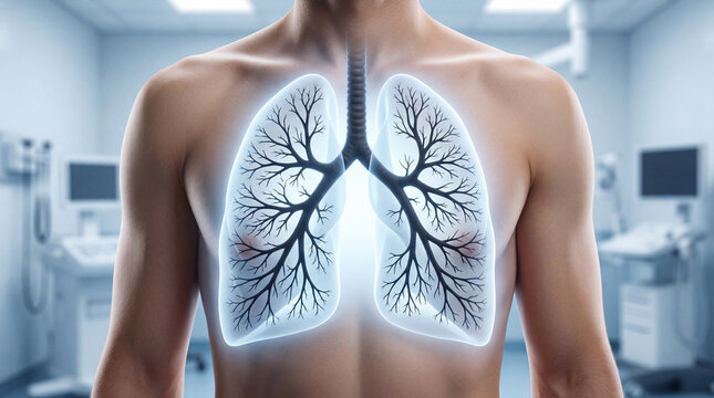 Radiant internal view of a human chest revealing glowing lungs with detailed bronchial trees against a sterile clinic backdrop