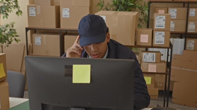 Man at computer touching temple and typing while smiling among stacked delivery boxes and labeled parcels inside a warehouse building, wearing cap and jacket; focused.