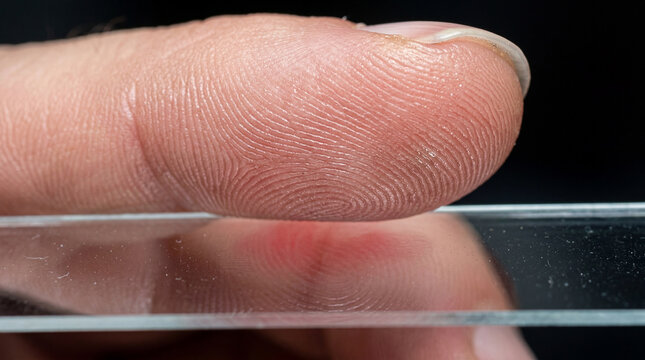 Intimate study of a human digit, resting gently on a glass surface, its unique epidermal loops and swirls illuminated for discovery