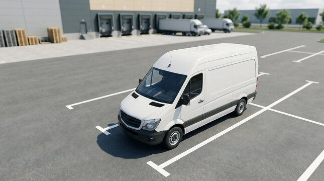 A white van is parked in a designated space within a large empty parking lot near a warehouse facility viewed from an angled top perspective.