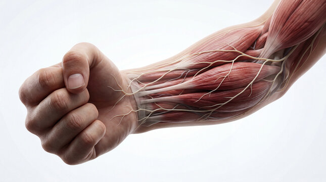 Revealing the intricate sinews and nerve network of a flexing human arm culminating in a powerful clenched fist, a study of biological motion
