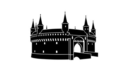 Obraz premium Vector silhouette of medieval castle with towers and arched gate, European landmark architectural heritage art