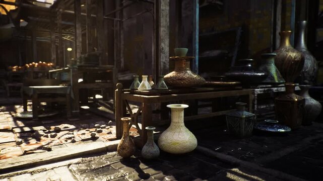 Morning egyptian merchant stall filled with glazed jars and amphorae, sunbeam slicing through wooden beams, scattered straw and dust, trading atmosphere evoking