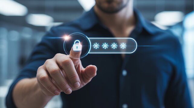 Man entering password on digital interface showing cybersecurity protection concept.