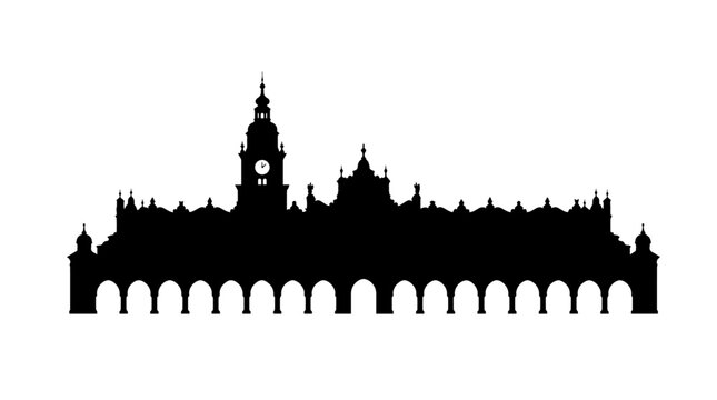 Vector silhouette of grand European building with arches and clock tower, historic landmark architectural art