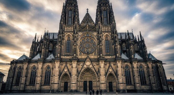Grand gothic cathedral exterior architecture front view cloudy sky background