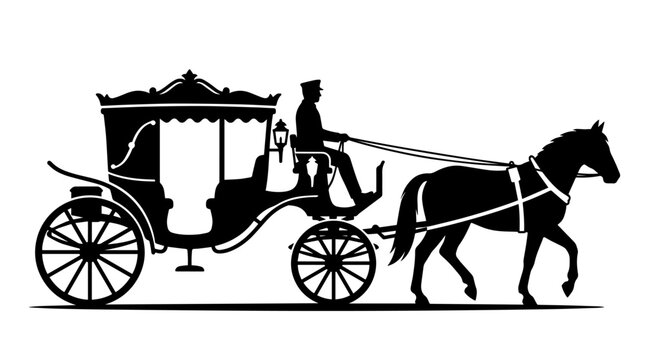 Vector silhouette of horse‑drawn carriage with coachman and reins, vintage transport cultural heritage art