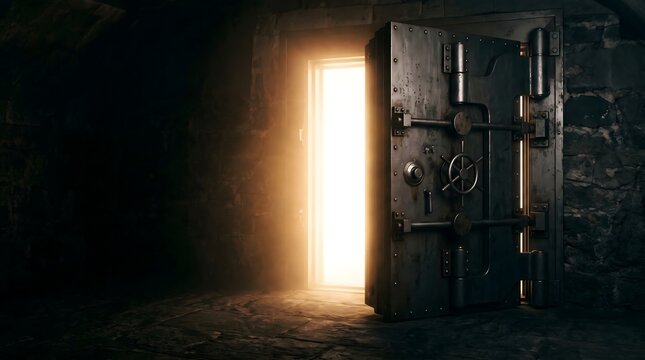 Massive steel bank vault door swung open to reveal a brilliant golden glow from within a dark underground stone chamber